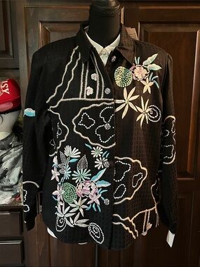 NWT Draper’s & Damon’s  Sz XL Embroidered Floral Button-Up Shirt Jacket - Black